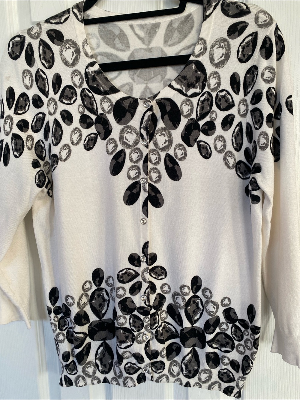 Joseph A White Cardigan with Black Gemstone Print and Rhinestone Buttons Size S - Picture 9 of 16